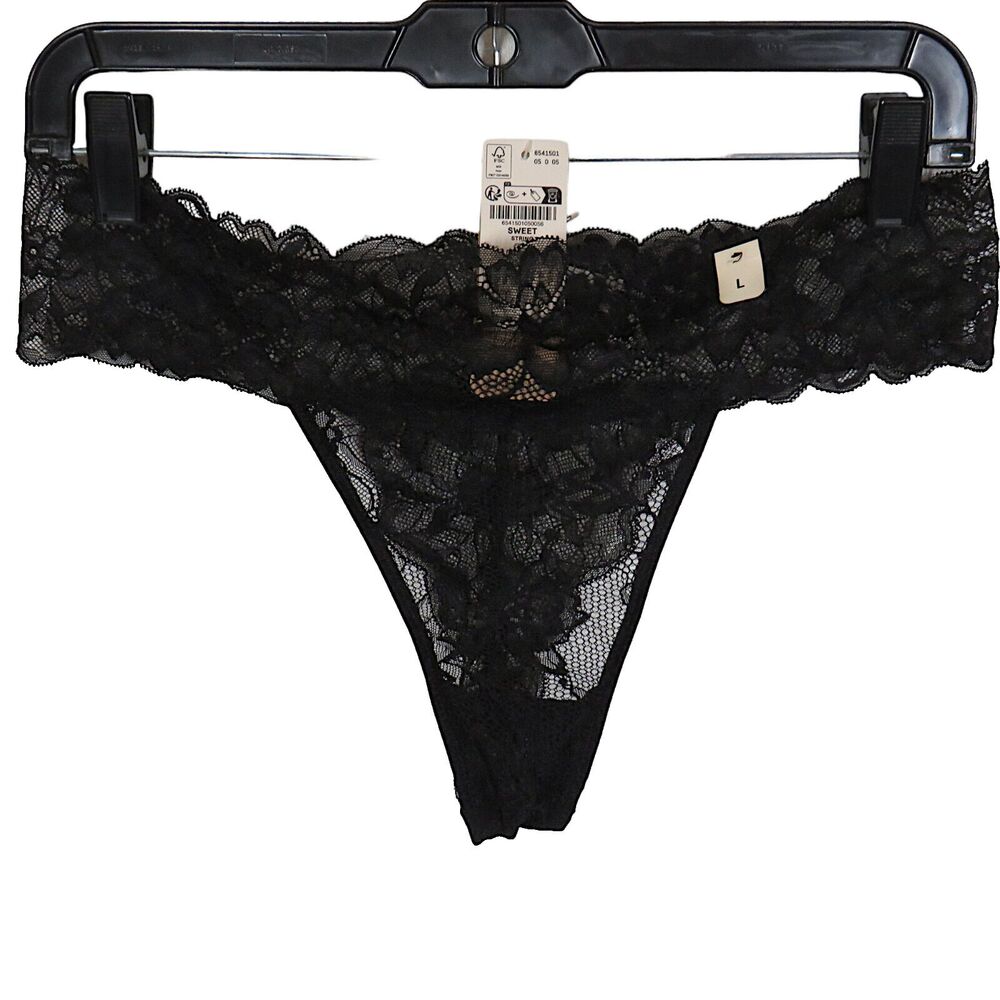 Etam Black Stretch Lace Thong Panties Size Large